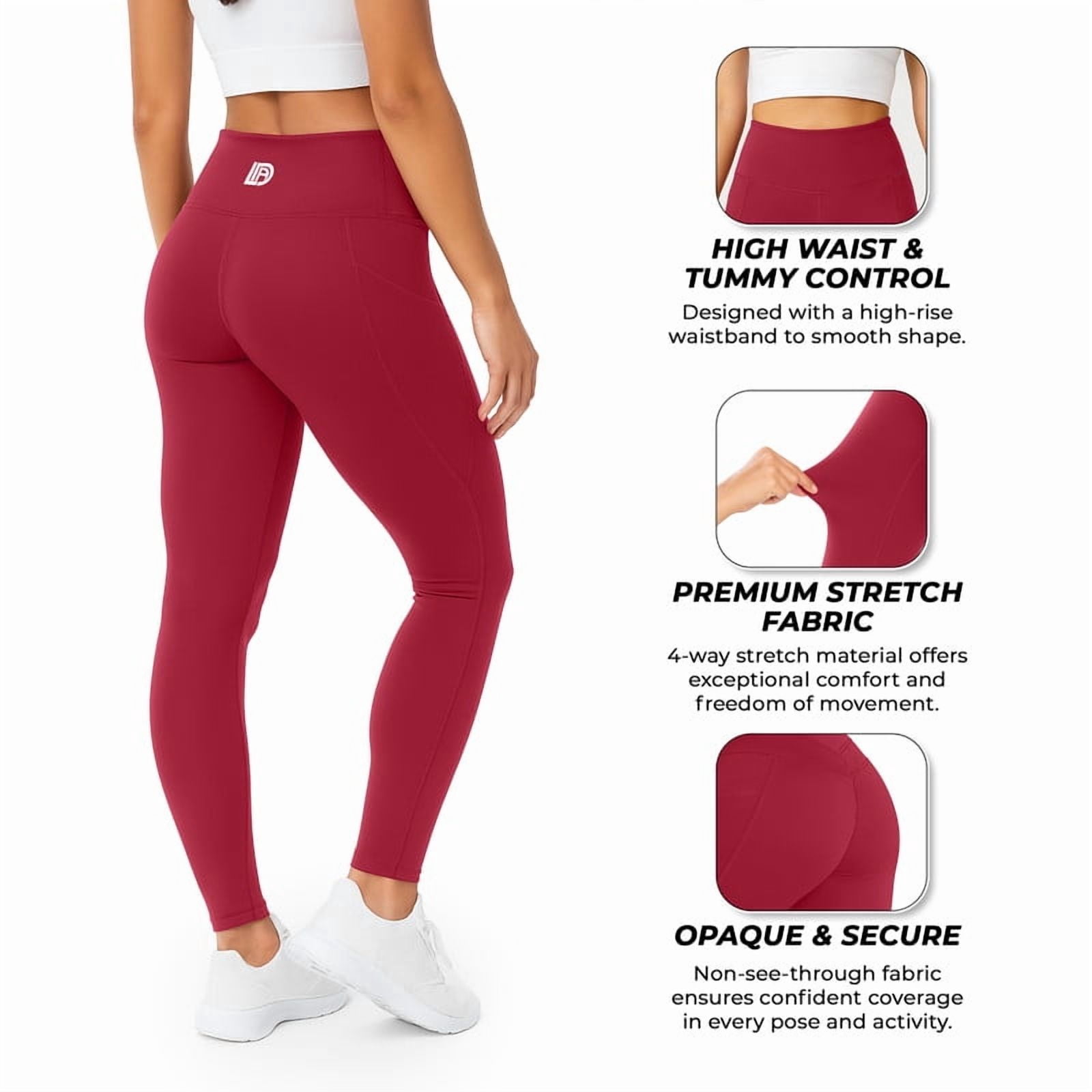 Lux Decor Women's High Waist Leggings with Pockets - Buttery Soft 4-Way Stretch Tummy Control Non-See-Through Squat Proof Yoga Pants for Workout, Gym & Running, Burgundy - XL (US)