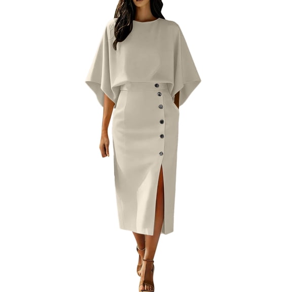 Women's Summer Two Piece Outfits Round Neck Batwing Sleeve Top High Waist Midi Skirts Button Summer Office Business Outfit Matching Sets for Women Khaki S