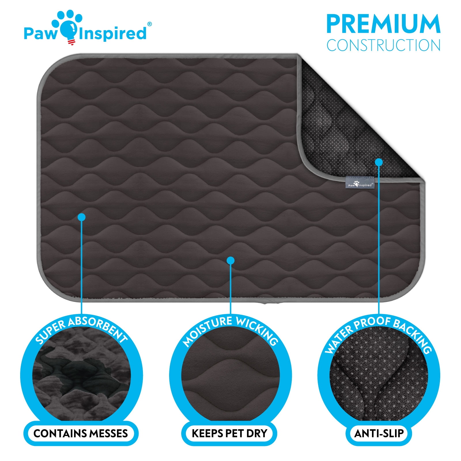 Paw Inspired Washable 48" Dog Crate Mat, Size 47x29 Inch, Waterproof Dog Crate Kennel Bed Anti-Slip Bottom Leakproof Pads (Gray)