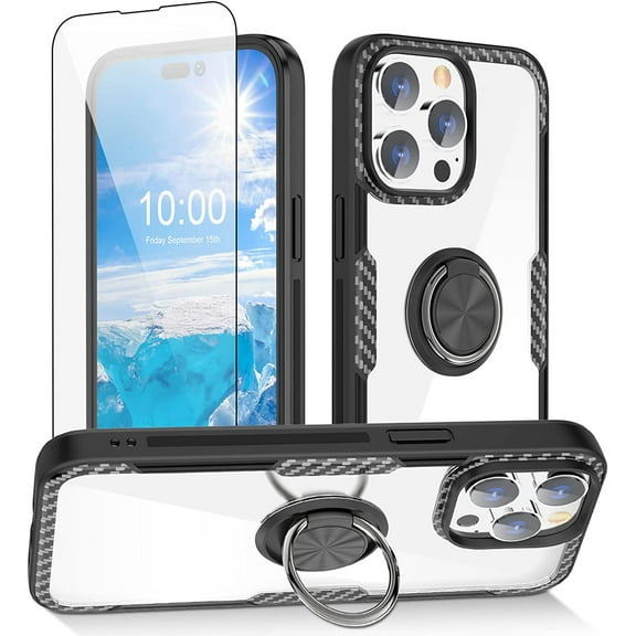 Compatible with iPhone 14 Pro Max Case with 1 Tempered Glass Screen Protector,Carbon Fiber Design Clear Crystal Anti-Scratch Case with 360 Degree Rotation Ring Kickstand for 14 Pro Max Case 6.7 inch