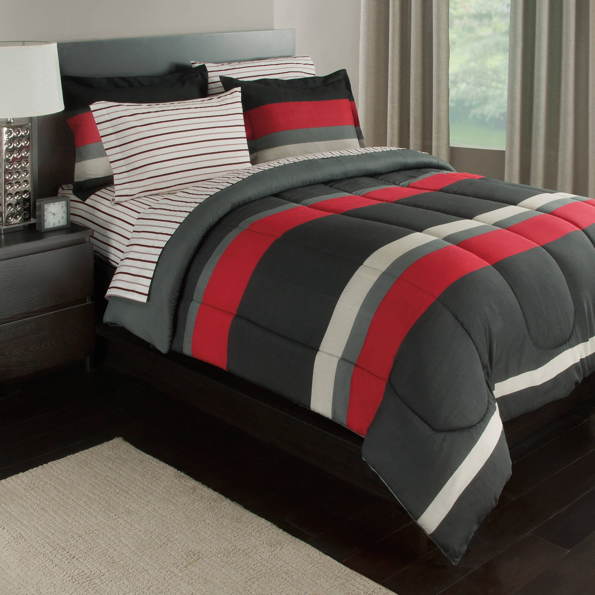 Black Gray Red Stripes Boys Teen Full Comforter Set 7 Piece Bed In A Bag Walmart Com Walmart Com