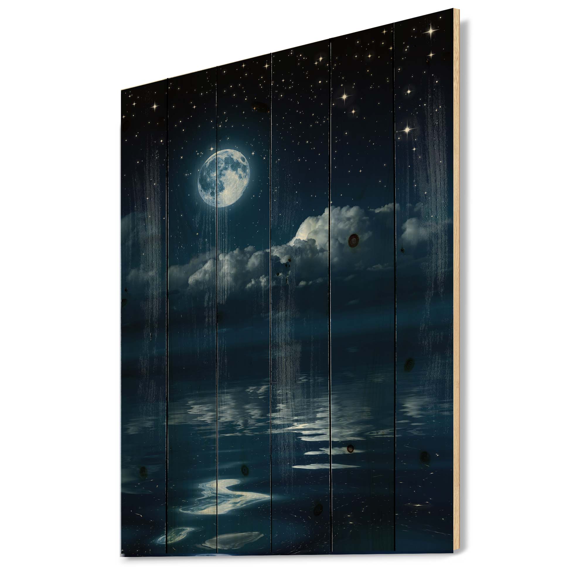 Designart 'Full Moon Night in Cloudy Sky I' Nautical & Coastal Print on Natural Pine Wood