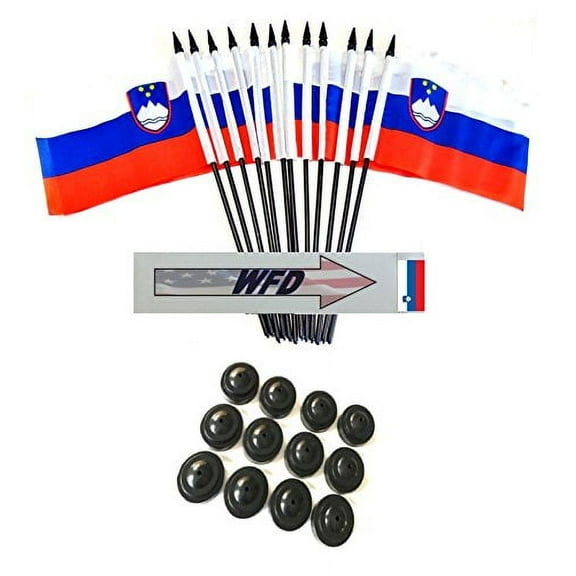 Pack of 12 4"x6" Slovenia Polyester Miniature Office Desk & Little Table Flags, 1 Dozen 4"x 6" Slovenian Small Mini Handheld Waving Stick Flags with 12 Flag Bases (Flags with Stands)
