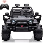 2 Seats Battery Powered Electric Truck with Remote Control, 24V Kids Ride on Toy with 20 Extra Width Seat for 3-8 Years Kids, LED Headlights, Front Storage, Bottle Holder, FM, Bluetooth, USB,Black