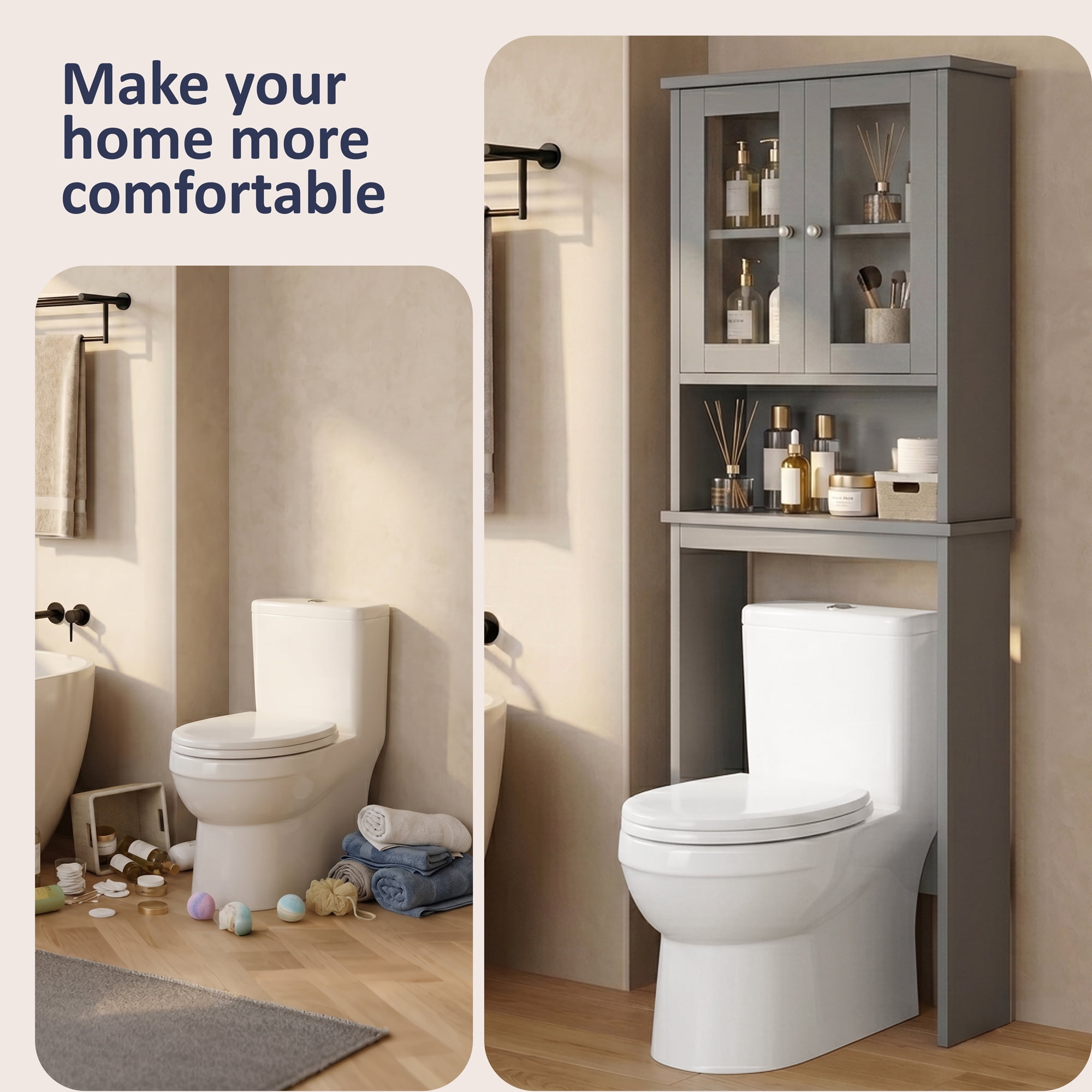 Walsunny Over The Toilet Storage Cabinet Bathroom Shelves Organizer Space Saver Freestanding Restroom Shelf with Tempered Glass Doors Anti-Tip Device Adjustable Shelf Gray