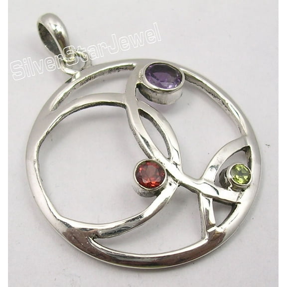 SilverStarJewel Sterling Silver Peridot, Amethyst, Garnet Pendant 1.8"