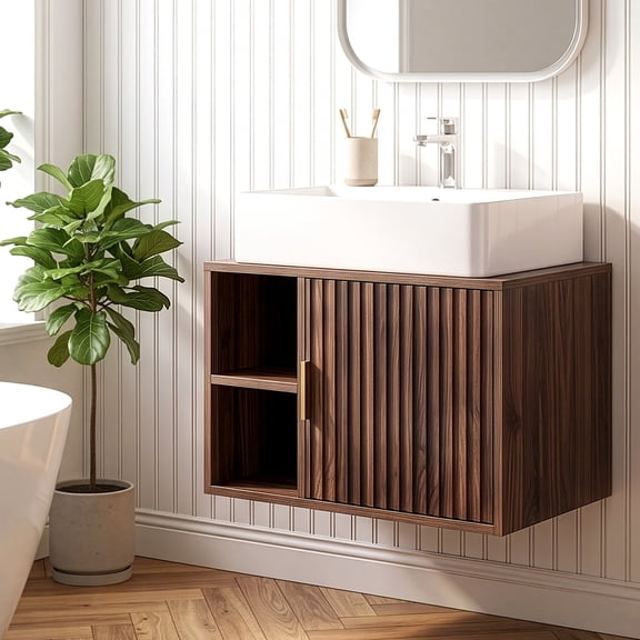 Zimtown Fluted 24" Wall Mounted Bathroom Vanity Set with Sink Top, Small Floating Bathroom Vanity, Walnut
