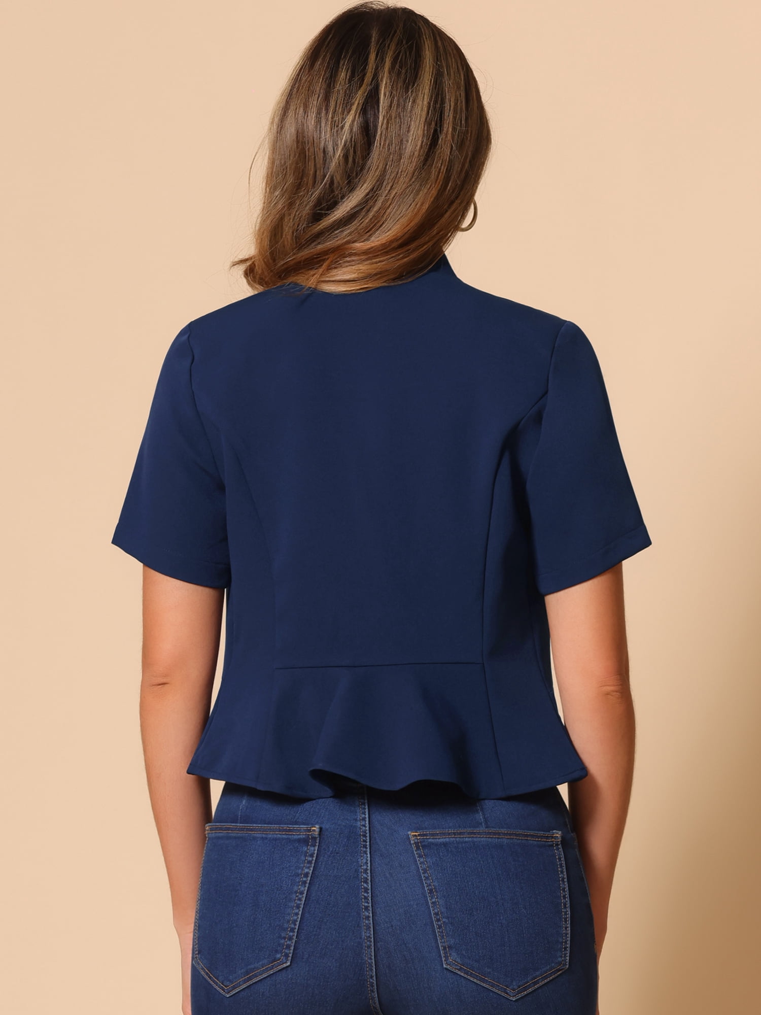 DARING DIVA Women's Business Blazer 3/4 Sleeve Collarless Cardigan L Dark Blue