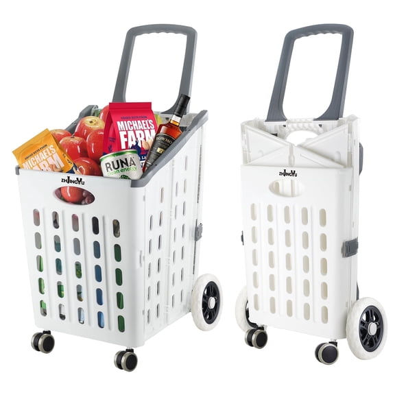 Portable Folding Shopping Cart,White Foldable Grocery Cart on Wheels,Collapsible Rolling Trolley Cart,Rolling Swivel Wheels,Utility Carts for Grocery Laundry Shopping Home