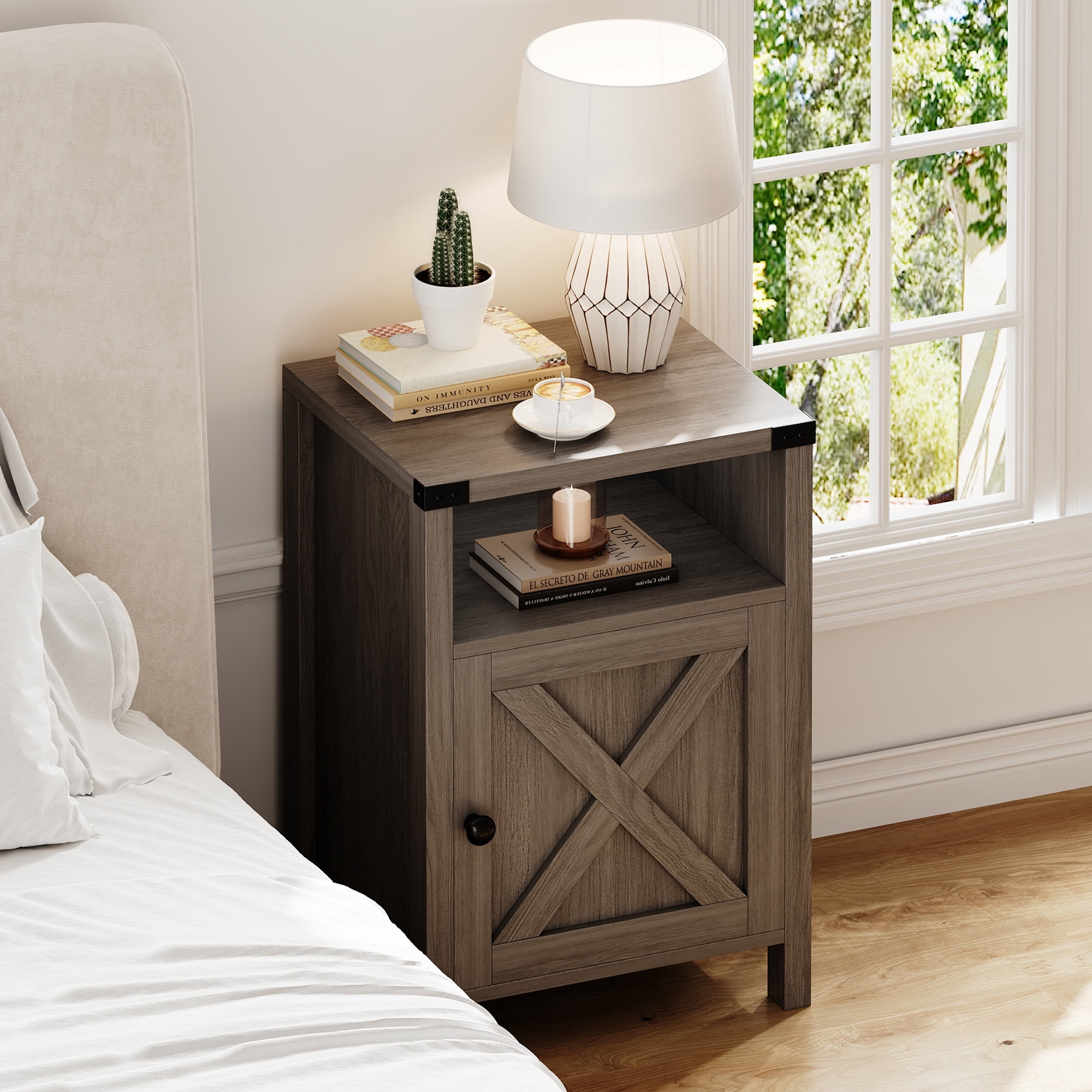 4 EVER WINNER Farmhouse Single Barn Door Side Table, Rustic Gray Storage End Table, Industrial Bedside Nightstand for Bedroom Spaces