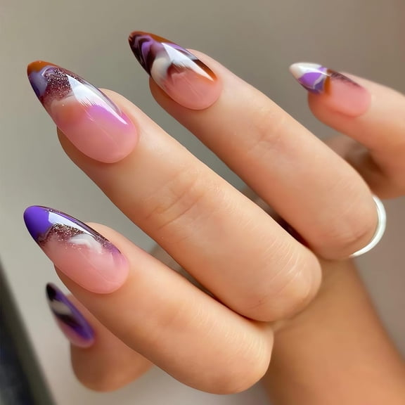 Black Amber Press on Nails Almond Fake Nails Medium Length Gold Foil Glue on Nails with Designs False Nail Tips Exquisite Almond Shape Stick on Nails Medium Artificial Nails for Women 24Pcs 2 style3
