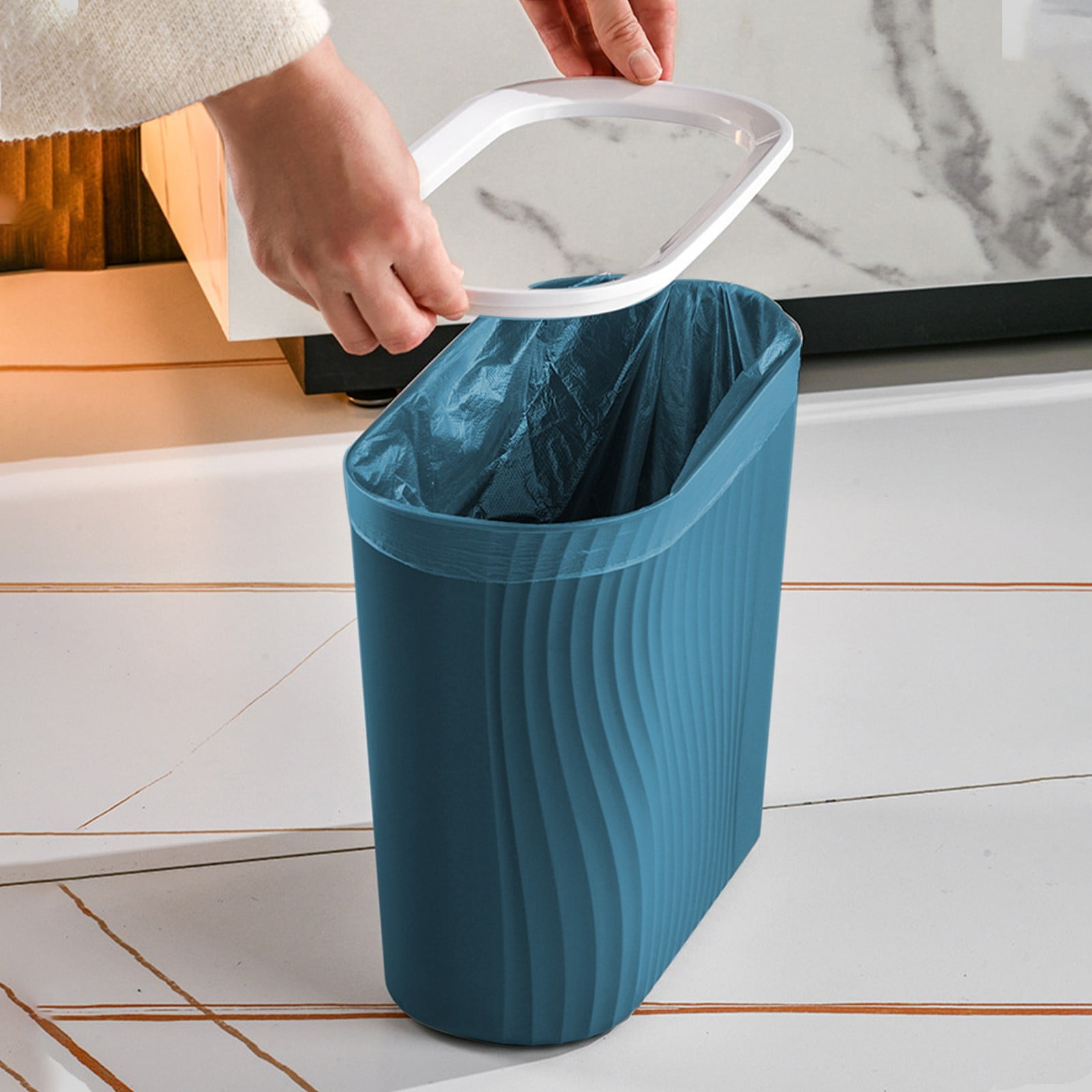 Cagogo Wastebasket, Plastic Trash Can, Striped Seamless Design for Home Kitchen Bathroom, Blue Gray White Small Garbage Bin for Office Garage Dorm