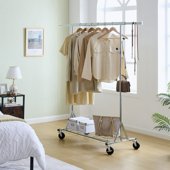 Heavy Duty Rolling Clothes Rack - 600LBS Capacity, Adjustable Height & Width, Portable Garment Rack with Wheels for Commercial/Home Use, Easy Assembly, Collapsible Storage