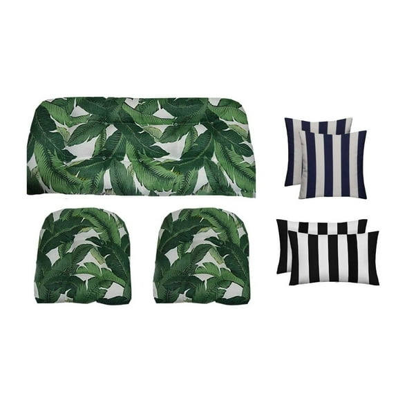 RSH Décor Indoor Outdoor 7 Piece Tufted Wicker Cushion Set Pillows, Standard, Swaying Palms Aloe Green Black & White Stripe