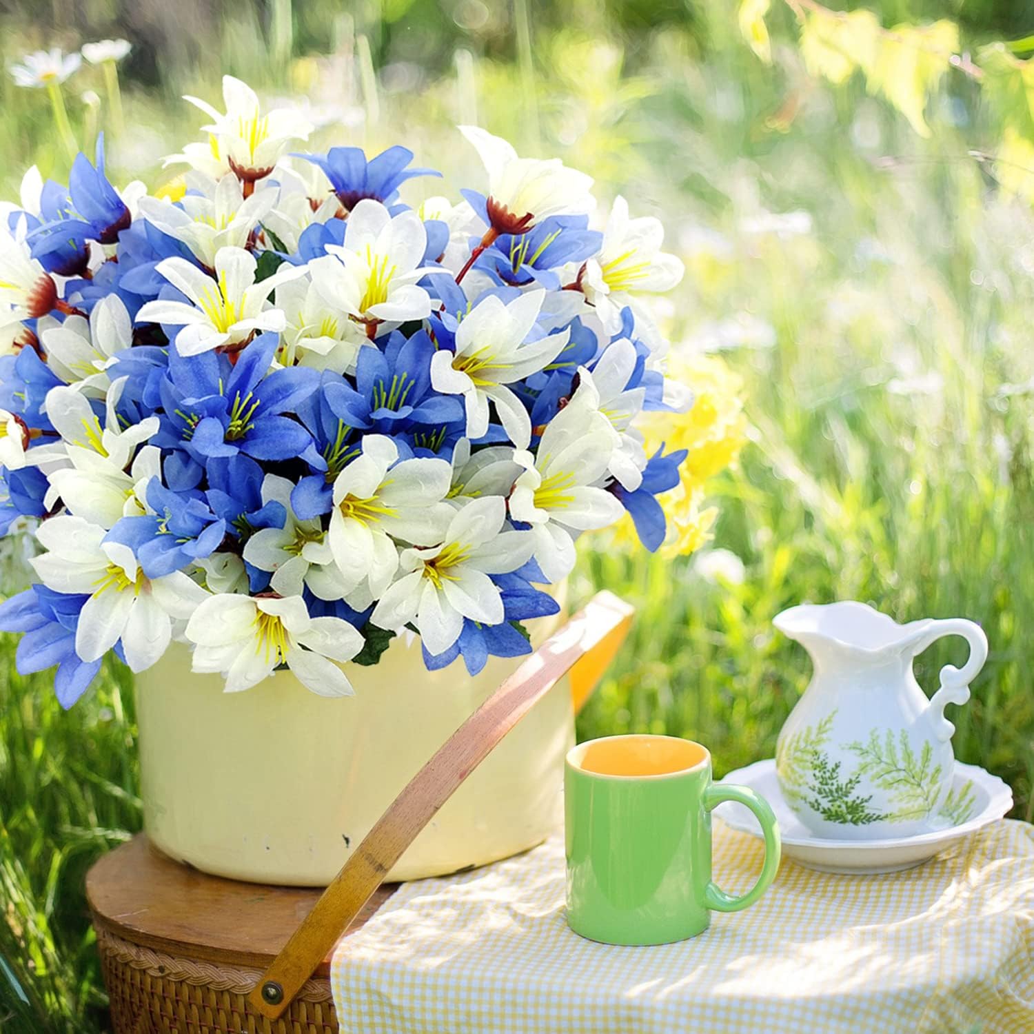 Artificial Lily Silk Flowers Fake Floral Bouquet Faux Flower Plants Bulk Arrangements for Outdoor Indoor Home Wedding Table Vase Porch Decor (Blue White)