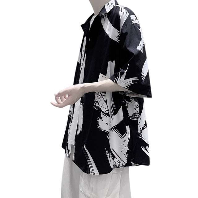Camisas Hombre Vestir Camisa de seda de hielo de verano para hombre Camisa de manga corta suelta informal de mangas Wind Design Sense (Black, M)