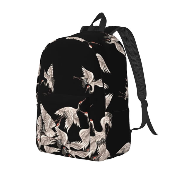 Disketp Japanese White Crane print Canvas Backpack Lightweight Travel Daypack Student Rucksack Laptop Backpack-Small