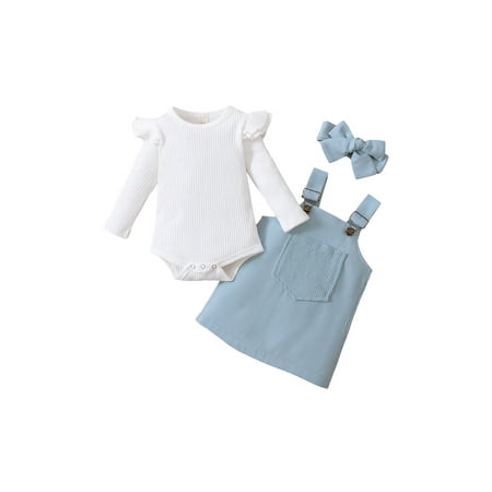 

jaweiw Baby Girls Outfit Long Sleeve Round Collar Ribbed Romper Suspender Skirt