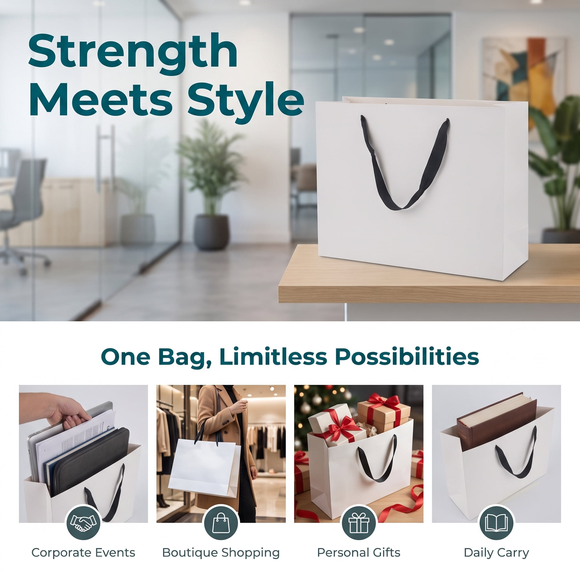 Unique Bargains Sturdy Thick Horizontal Paper Gift Bags White 12.6" x 4.3" x 9.8"
