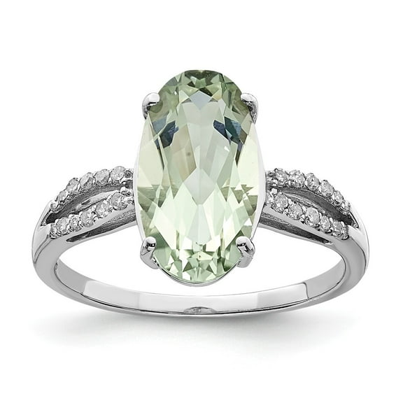 White Sterling Silver Ring Band Gemstone Prasiolite Oval Green Diamond