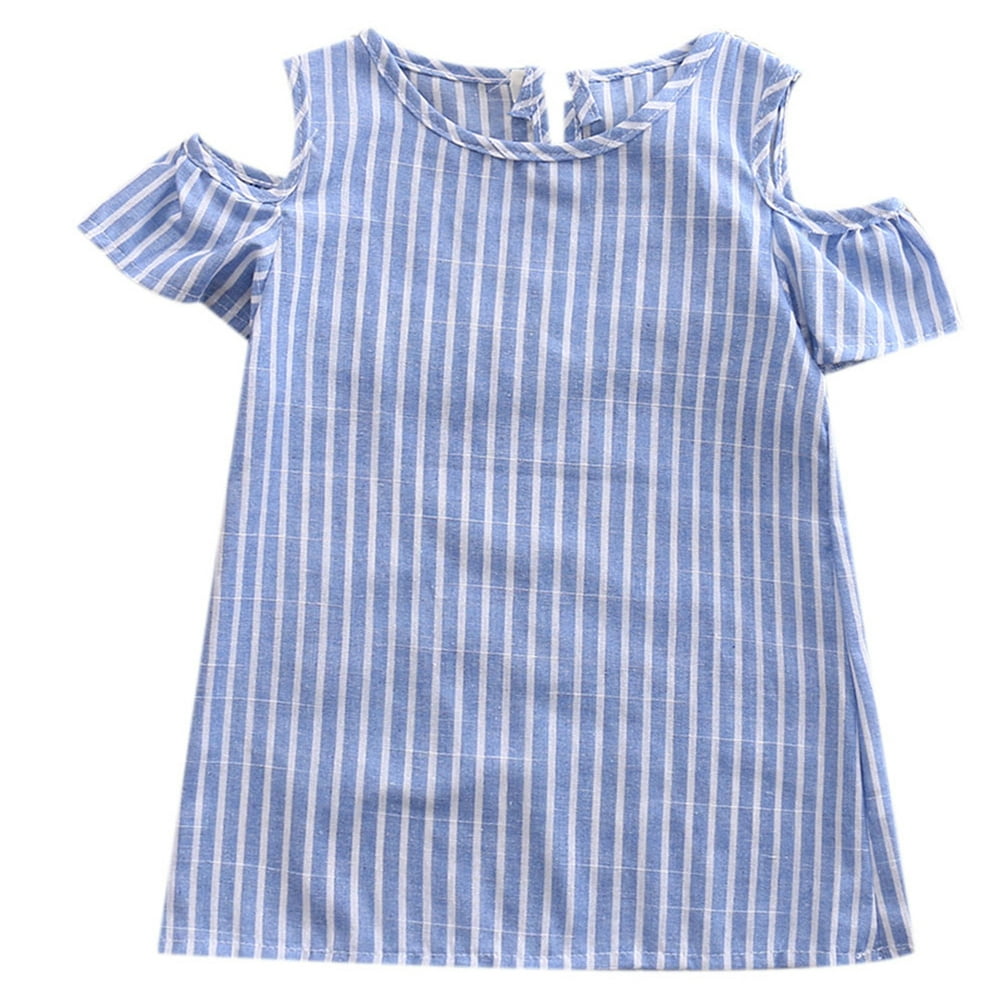 Gaono - Toddler Baby Girls Summer Off Shoulder Dress Blue White Striped