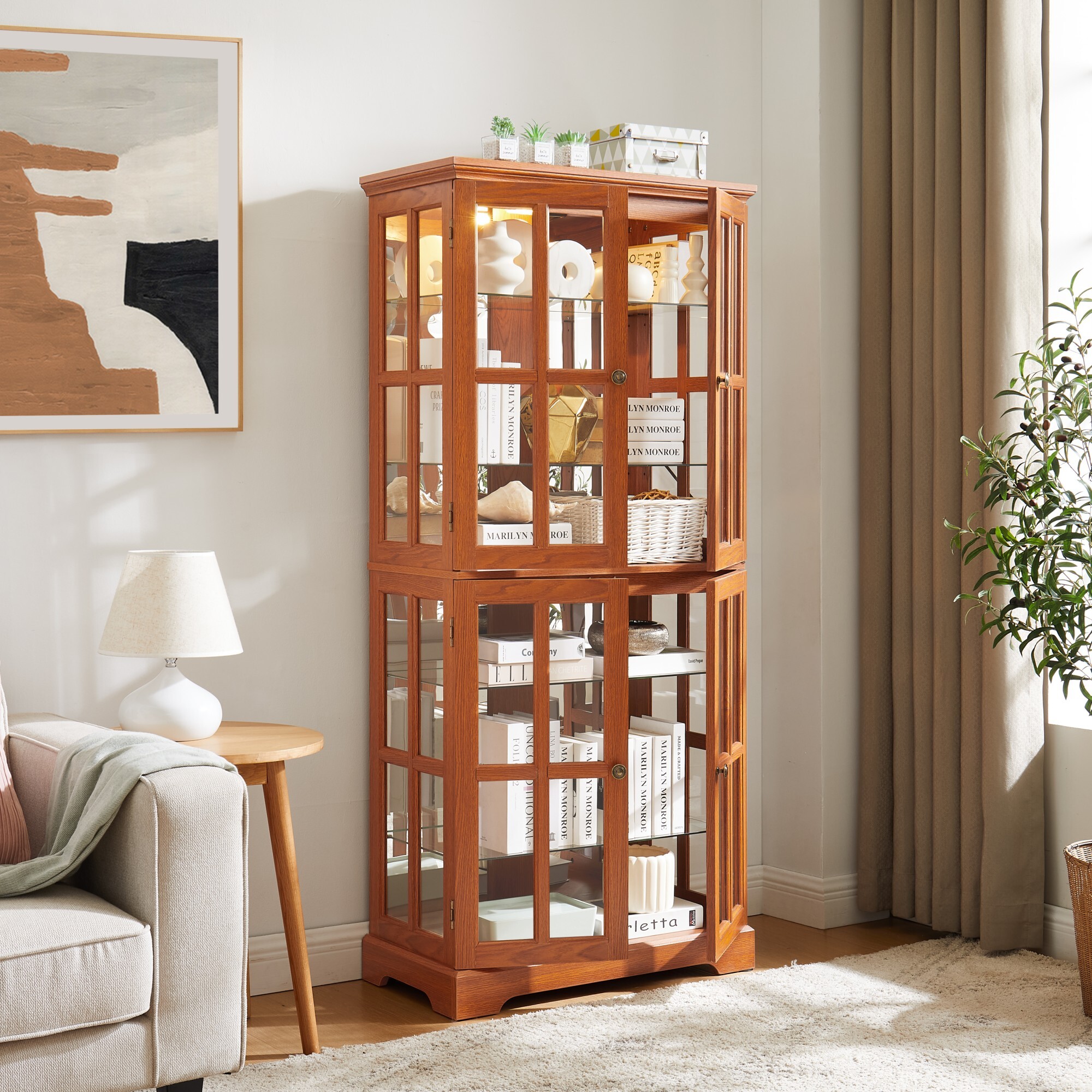 AENKYO Antique Glass Display Case with E26 Bulb & Adjustable Shelves - Elegant Curio Cabinet for Living Room, Dark Oak