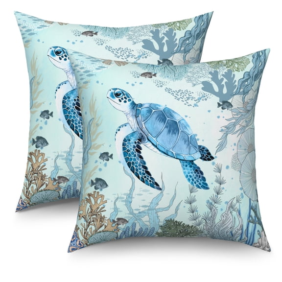 Dashan Sea Turtle Throw Pillow Covers 18x18 Set of 2,Teal Blue Ocean Beach Coastal Decorative Pillow Cases for Bedroom Sofa Couch