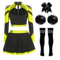 thumbnail image 4 of YiZYiF Women's Cheerleading Uniform Set Long Sleeve Dance Crop Top with Rhinestones Skating Skirt Fluorescent Yellow B XXL, 4 of 5