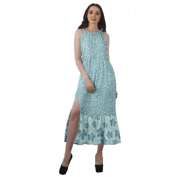 Moomaya Rayon Printed Halter Neck Dress Womens Front Slit Long Maxi Party Dress