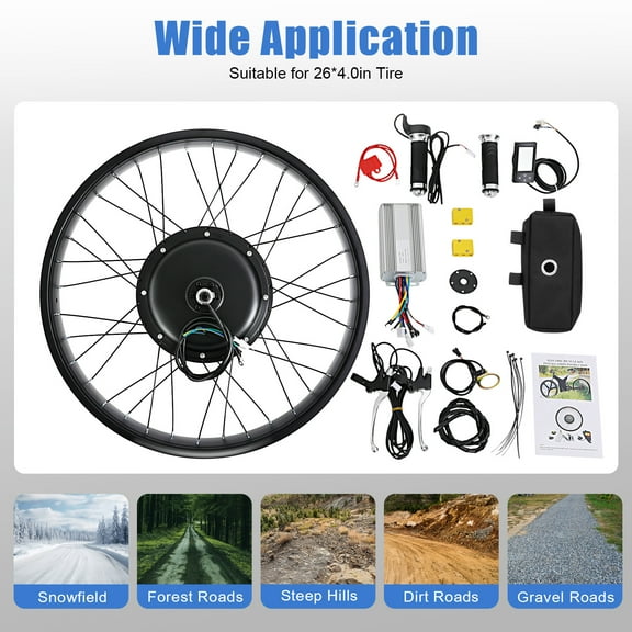 48V 1500W Fat Tire Electric Bike Conversion Kit with 26" Snow Wheel, 170mm Rear Dropout, Brushless Motor & LCD Display
