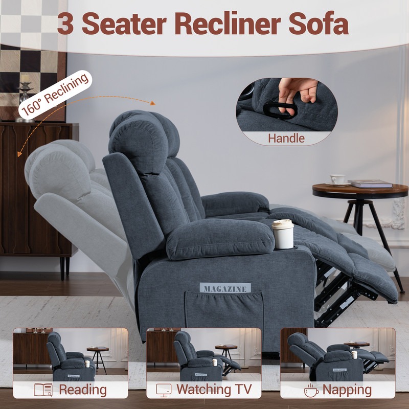 WENTUM Recliner Sofa Set, 3 Seater Recliner Sofa Chair, Manual Reclining Sofa Couch, Triple Recliner Sofa for Living Room, Home Theater, Small Spaces, Blue