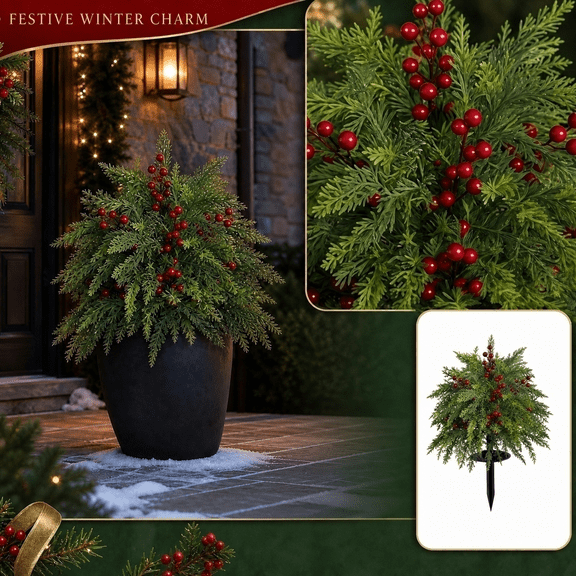 Christmas Outdoor Decorations, Artificial Plant, Yard Decorations Outdoor, Deck Decorations Outdoor, 21X16 Inch 1Pc Christmas Holly Berry Faux Foliage Ground Spike for Backyard