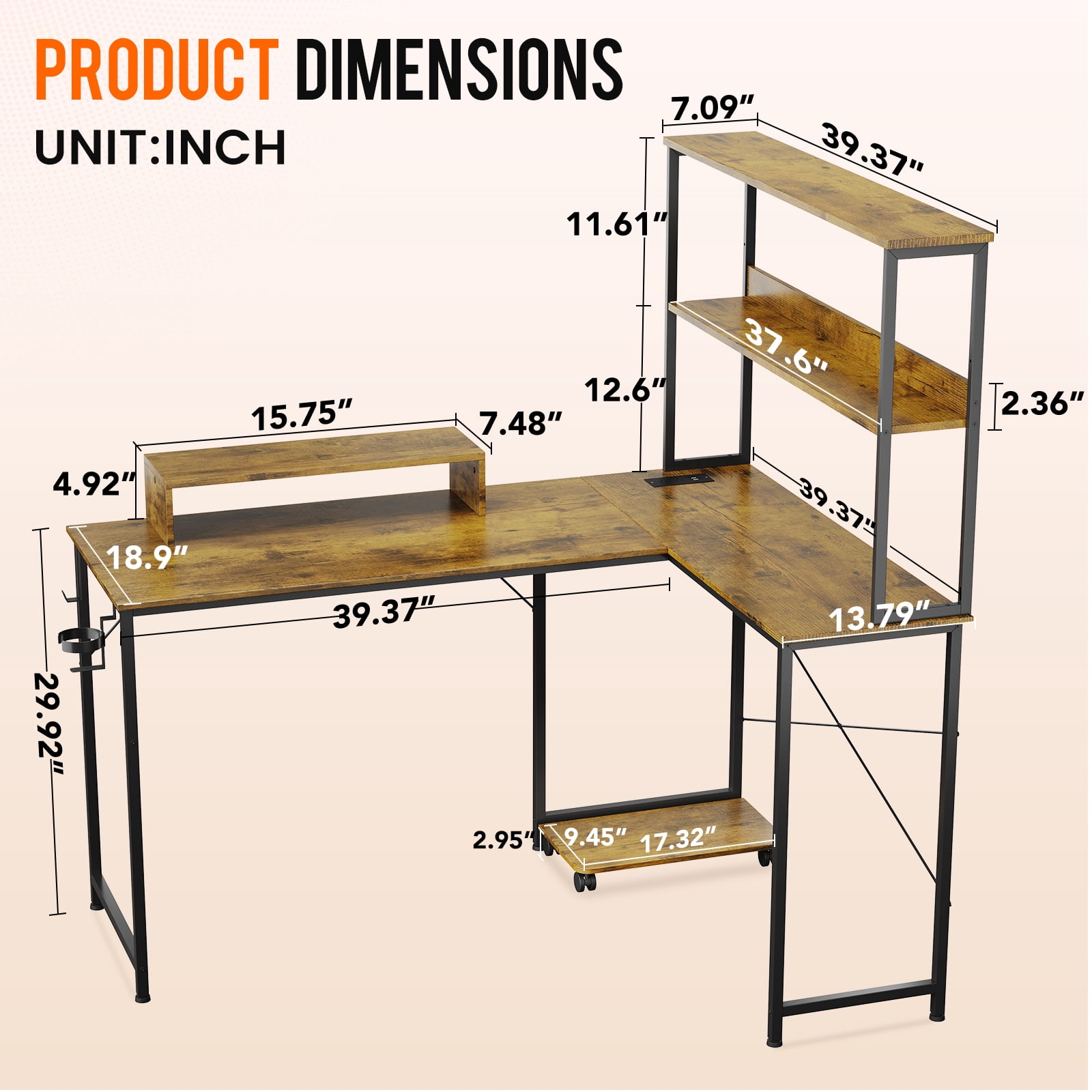 CLOUDREST PTO 53" L-Shaped Office Desk with Hutch & Power Outlets, Brown