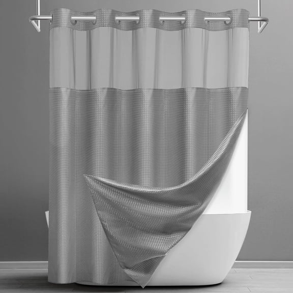 No Hook Shower Curtain with Snap in Liner Set Waffle for Bathroom Hotel Style Fabric Waterproof Inner Liner，71" W x 74" H, Grey