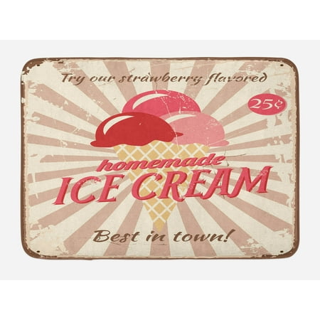 Ice Cream Bath Mat, Vintage Style Sign with Homemade Ice Cream Best in Town Quote Print, Non-Slip Plush Mat Bathroom Kitchen Laundry Room Decor, 29.5 X 17.5 Inches, Red Coral Cream Tan, (Best Homemade Degreaser For Kitchen)
