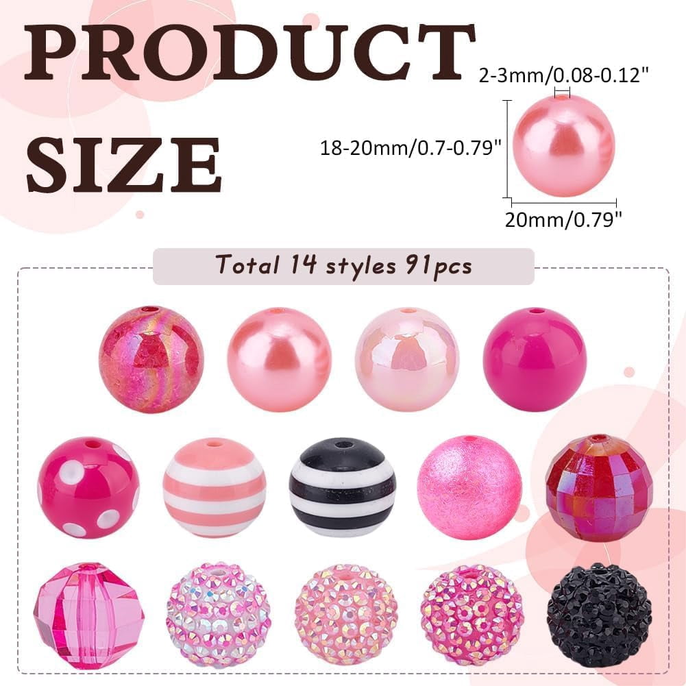 1 Set About 91 Pcs 14 Styles Pink Series Bubblegum Beads Kits 20mm Acrylic Round Chunk Beads Plastic Rhinestone Large Beads Imitation Pearl Beads for Pen Valentine Jewelry Making