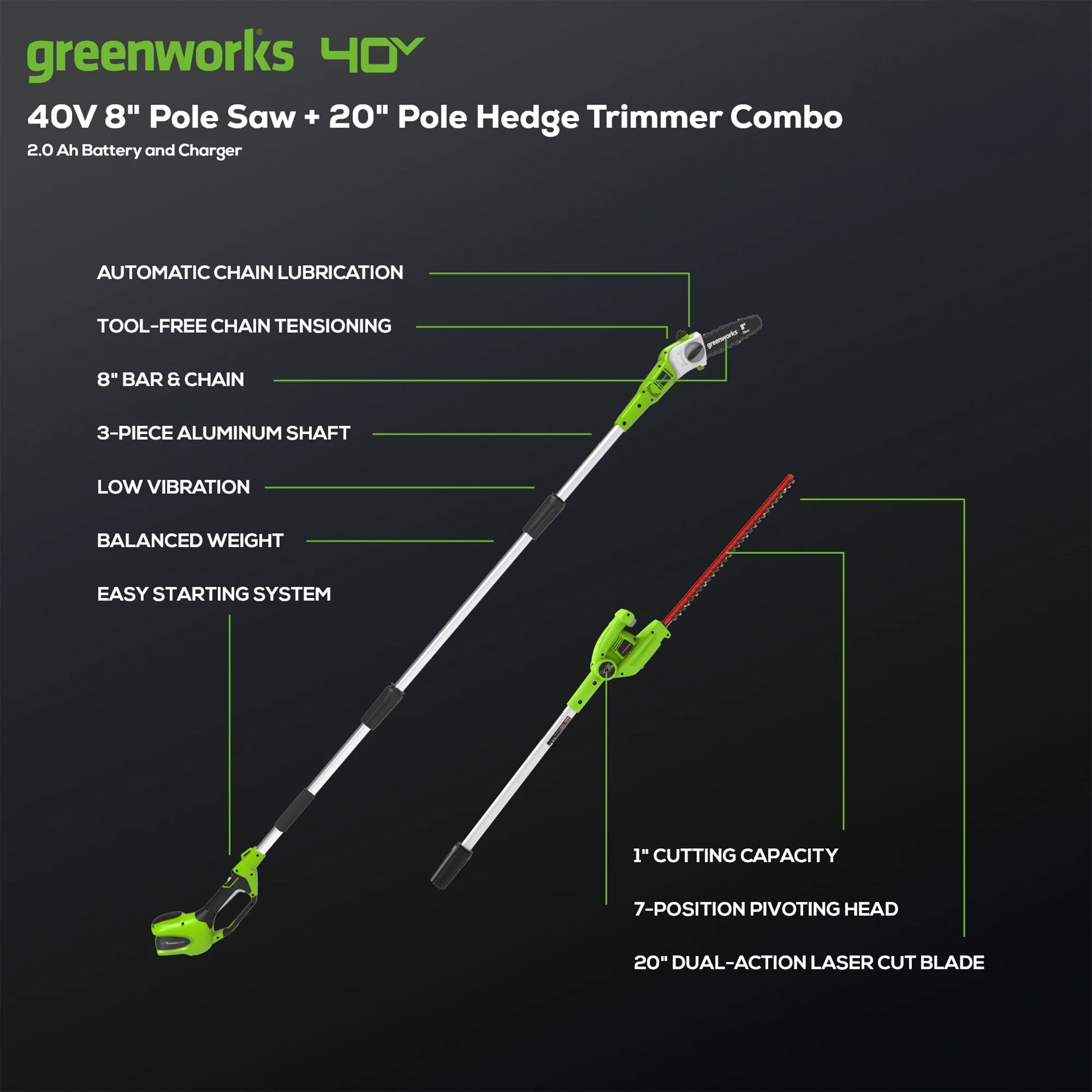 Greenworks 40V 20" Battery Powered Pole Saw with Hedge Trimmer Attachment + 2.0 Ah Battery and Charger
