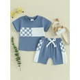 thumbnail image 3 of Musuos Toddler Boys Summer 2 Piece Outfits 12 18 24M 3 4T Plaid Patchwork Short Sleeve T-Shirt and Elastic Shorts, 3 of 10