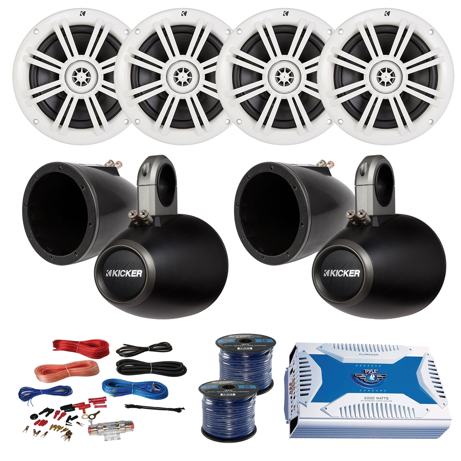 4 x Kicker 41KM604W 6.5" Boat Coaxial White Speaker Package + 4 Kicker