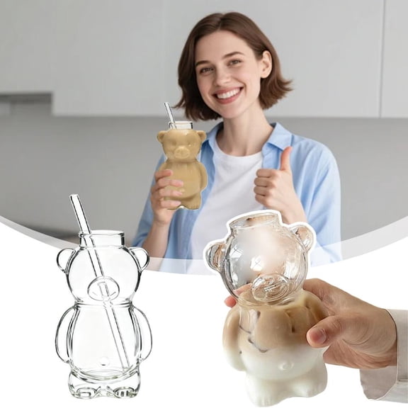 Cute Bear Shaped Glass Cup with Straw, Adorable Drinking Glass for Home Office Daily Use, 1Pcs Clear