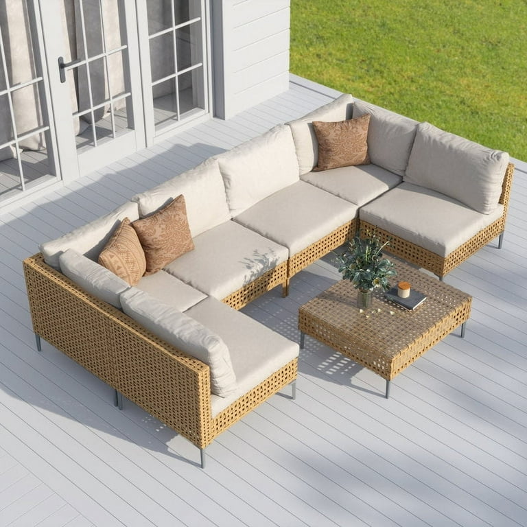 Grand Patio 7-Piece Wicker Patio Furniture Set - Outdoor Sectional Sofa With Beige Cushions & Glass Table