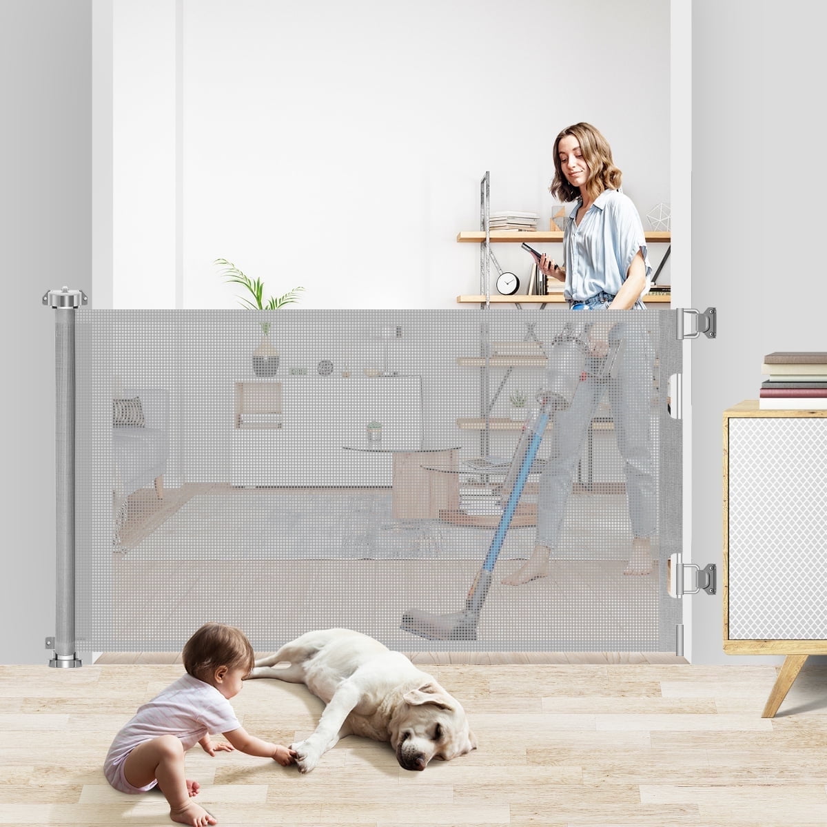 HDJ 71in Retractable Baby Gate,34in Tall Mesh Baby Safety Gate for Stairs,Metal Auto-Lock Dog Gate,Extra Wide,Grey