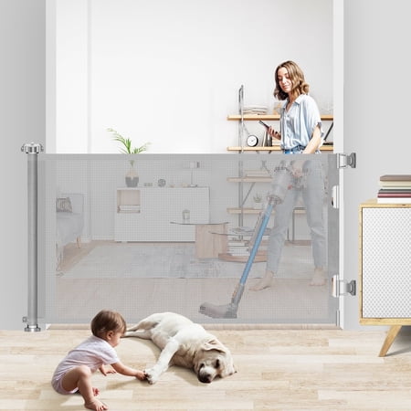 HDJ 71in Retractable Baby Gate,34in Tall Mesh Baby Safety Gate for Stairs,Metal Auto-Lock Dog Gate,Extra Wide,Grey