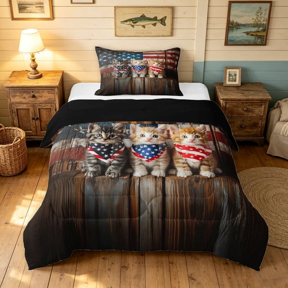 Manfei Rustic Kitten Twin Comforter Sets, Patriotic US Flag Bedding Set, Brown, Black Reversible, 2-Piece, 1 Comforter and 1 Pillowcase