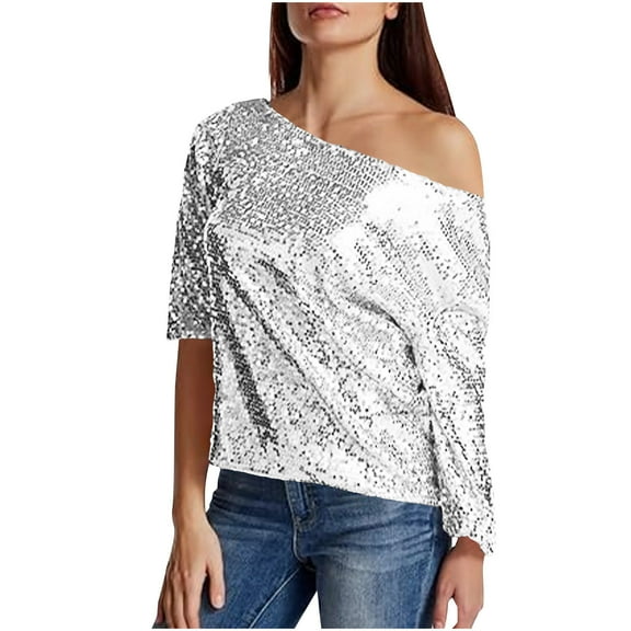 biudgviw One Shoulder Tops for Women Sequin Sparkly Glitter 3/4 Sleeve Blouses Casual Loose Trendy Shirts Night Out Party Club Outfits