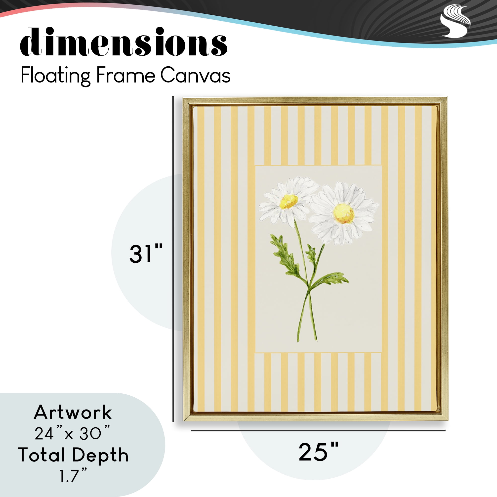 Yellow Stripe Daisy Gold Framed Floater Canvas Wall Art, design by Lisa Wehmeyer