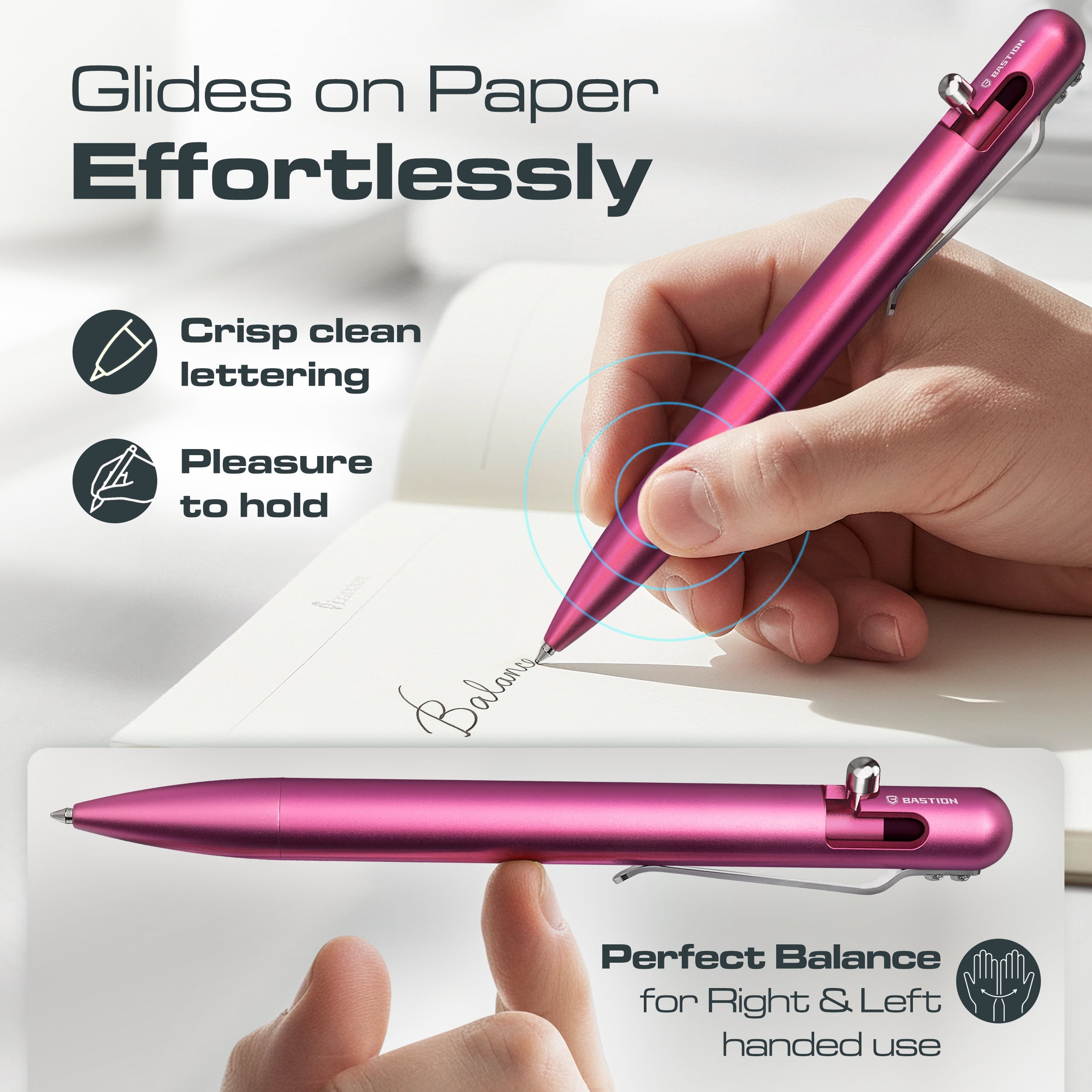 Bastion Aluminum Bolt Action Pen, Pink, Ballpoint Refillable, 1 Count