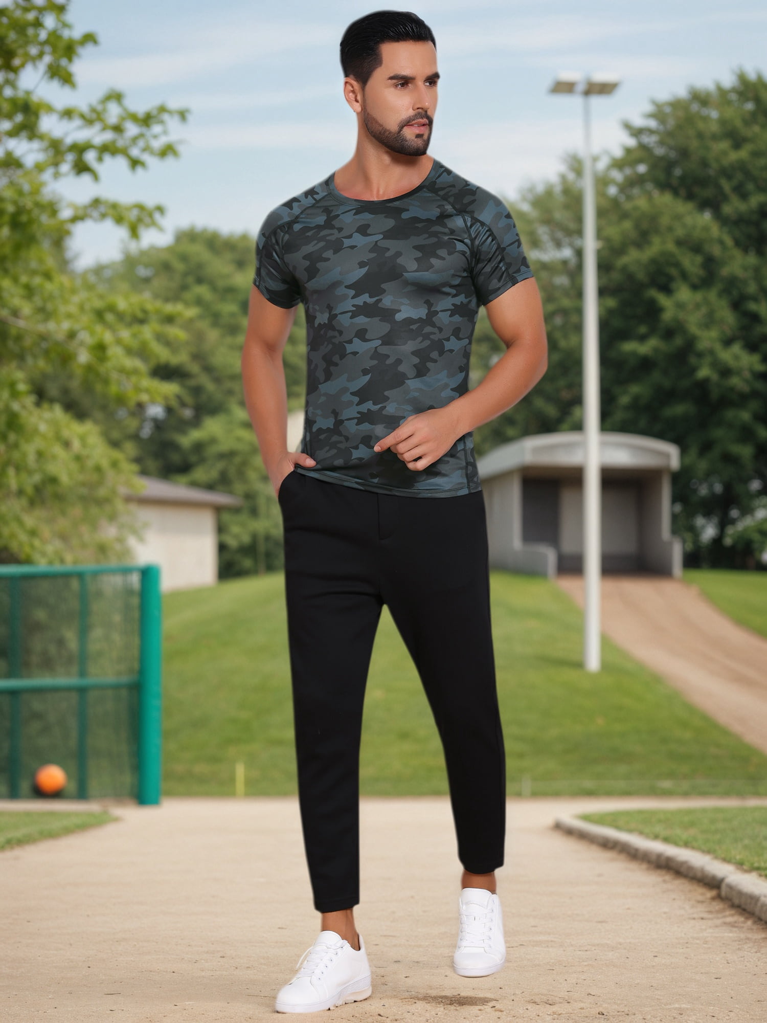 DARING DIVA Men's Workout Stretch Crew Neck Short Sleeve T-Shirt L Dark Gray
