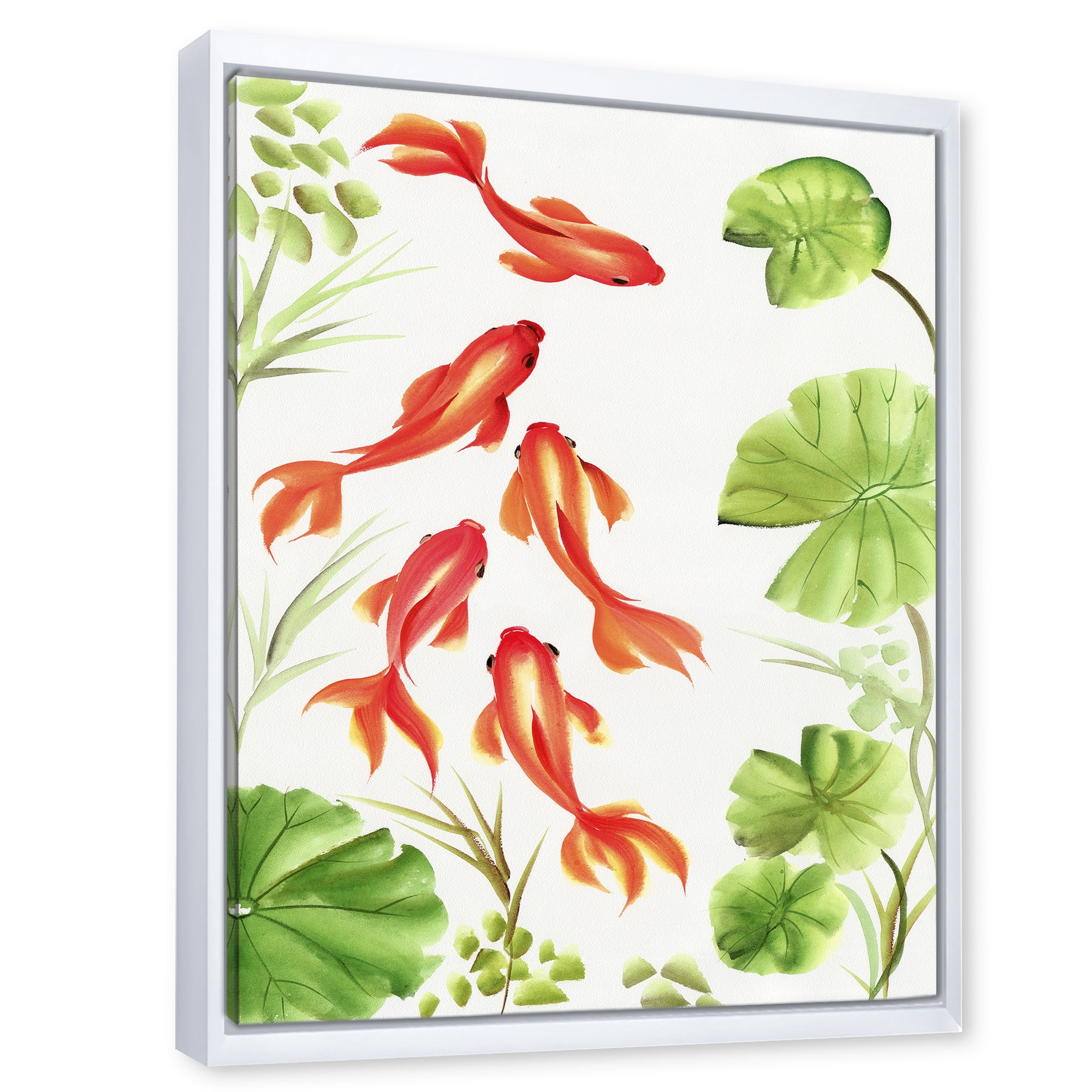 Ancient Goldfishes Among The Lotus Leaves 16 in x 32 in Framed Painting Canvas Art Print, by Designart