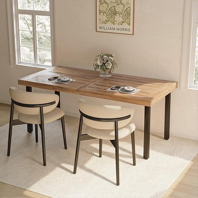 Waleaf 69" Acacia Wood Dining Table Set for 6-8 Person, Natural Indoor Outdoor Kitchen Table with Iron Legs